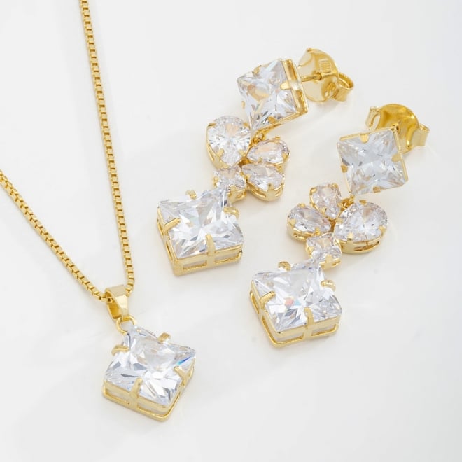 CJ-00045 CONJUNTO BANHADO A OURO 18K COM PEDRA QUADRADA E ZIRCÔNIAS EM FORMATO FLORAL