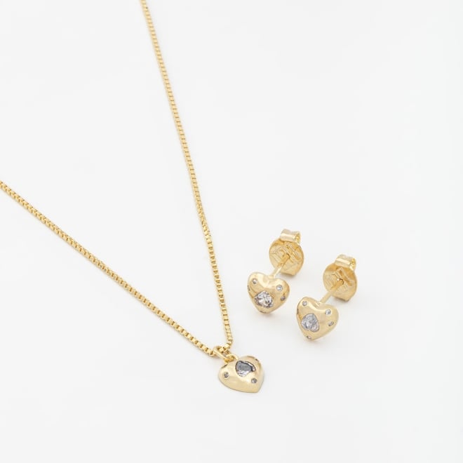 CJ-00055 CONJUNTO BANHADO A OURO 18K DE CORAÇÃO COM ZIRCÔNIAS