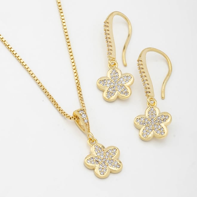 CJ-00077 CONJUNTO BANHADO A OURO 18K DE FLOR CRAVEJADOS EM ZIRCÔNIAS