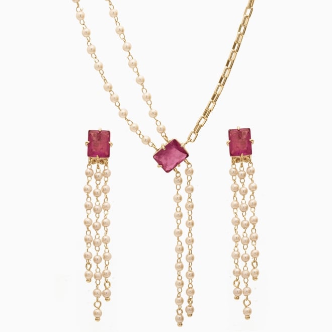 CJ-00089 CONJUNTO PÉROLA COM PEDRA FUSION PREMIUM
