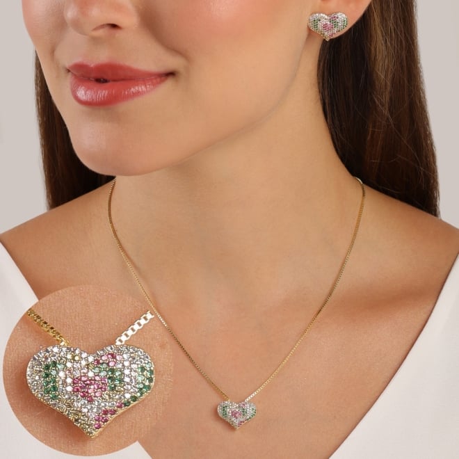 CJ-00096 CONJUNTO BANHADO A OURO 18K EM FORMATO DE CORAÇÃO CRAVEJADOS EM ZIRCÔNIAS