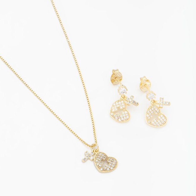 CJ-00113 CONJUNTO CORAÇÃO E CRUZ DE ZIRCONIAS