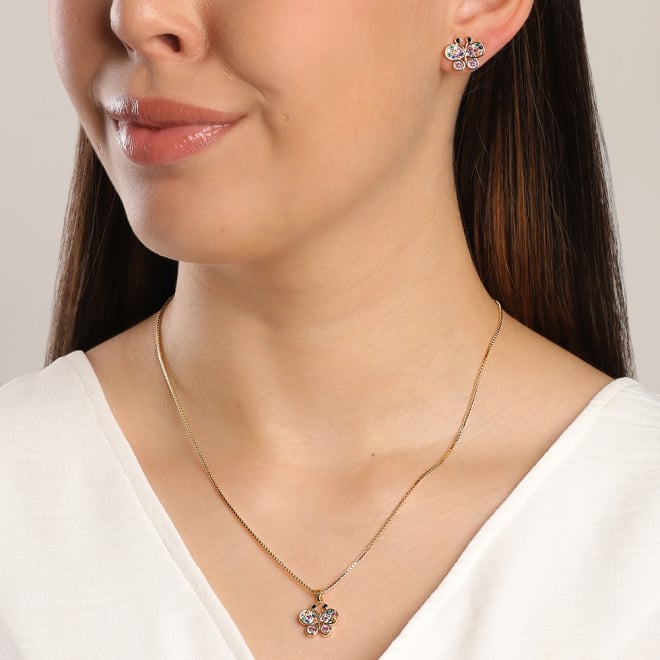 CJ-00142 CONJUNTO BANHADO A OURO 18K DE BORBOLETA CRAVEJADOS