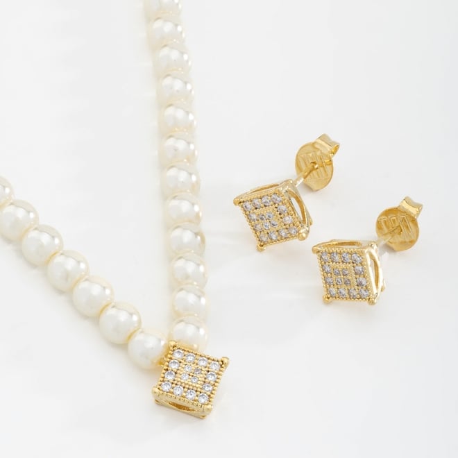 CJ-00183 CONJUNTO COM PÉROLAS E DETALHES EM ZIRCÔNIAS