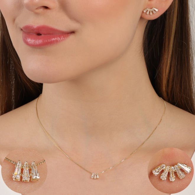 CJ-00185 CONJUNTO BANHADO A OURO 18K COM ZIRCÔNIAS EM FORMATO BAGUETE