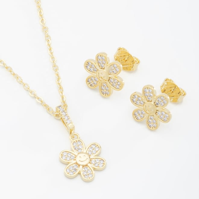 CJ-00233 CONJUNTO COM DESIGN DE FLOR SORRIDENTE EM ZIRCÔNIAS