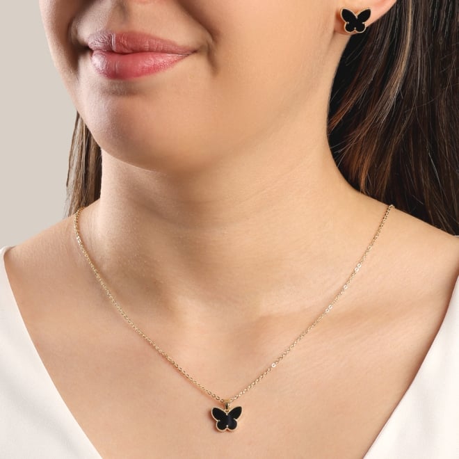 CJ-00235 CONJUNTO BANHADO A OURO 18K COM PINGENTE E BRINCOS EM FORMATO DE BORBOLETA 