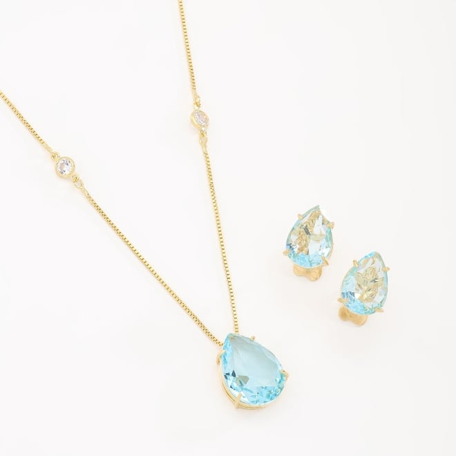 CJ-00239 CONJUNTO BANHADO A OURO 18K COM PEDRA  DE GOTA
