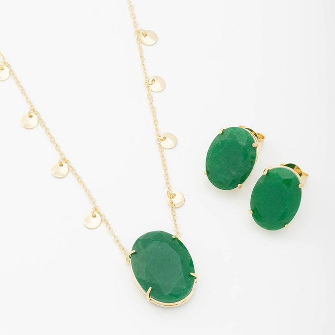 CJ-00272 CONJUNTO BANHADO A OURO 18K COM PEDRA NATURAL OVAL E DETALHES EM DISQUINHOS