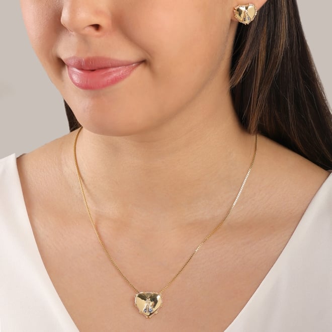 CJ-00283 CONJUNTO DE CORAÇÃO E NOSSA SENHORA COM ZIRCÔNIAS EM AZUL