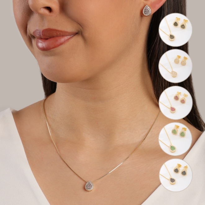 CJ-00345 CONJUNTO COM DESIGN EM FORMATO DE GOTA EM ZIRCÔNIAS