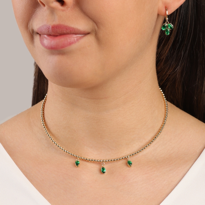CJ-00361 CONJUNTO BANHADO A OURO 18K COM COLAR EM ESFERAS E PINGENTES OVAIS.