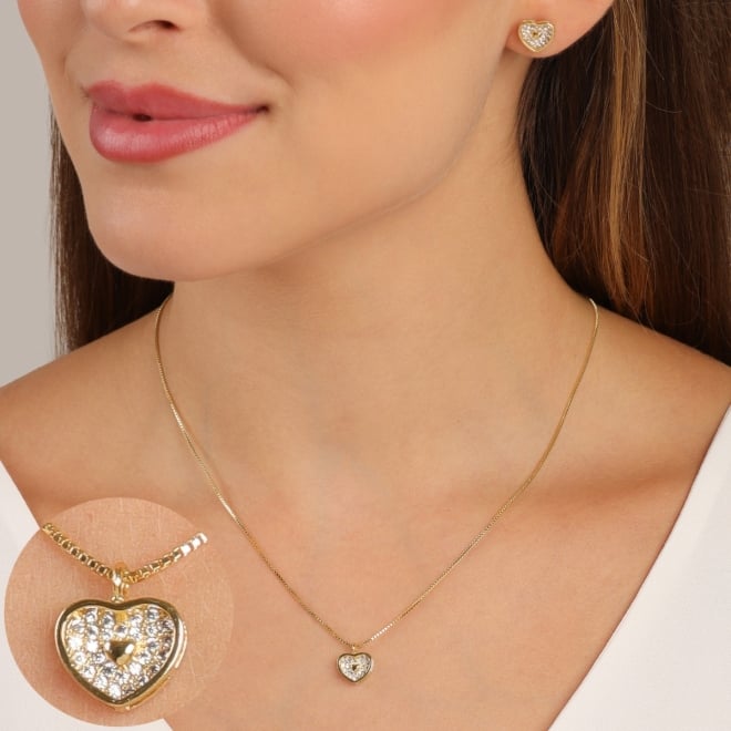 CJS-00004CONJUNTO BANHADO A OURO 18K COM CORAÇÃO VAZADO E DETALHES CRAVEJADOS EM ZIRCÔNIAS