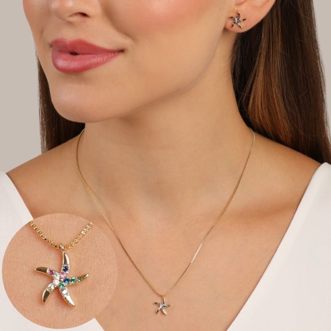 CJS-00008 CONJUNTO BANHADO A OURO 18K  DE ESTRELA DO MAR COM PEDRAS COLORIDAS