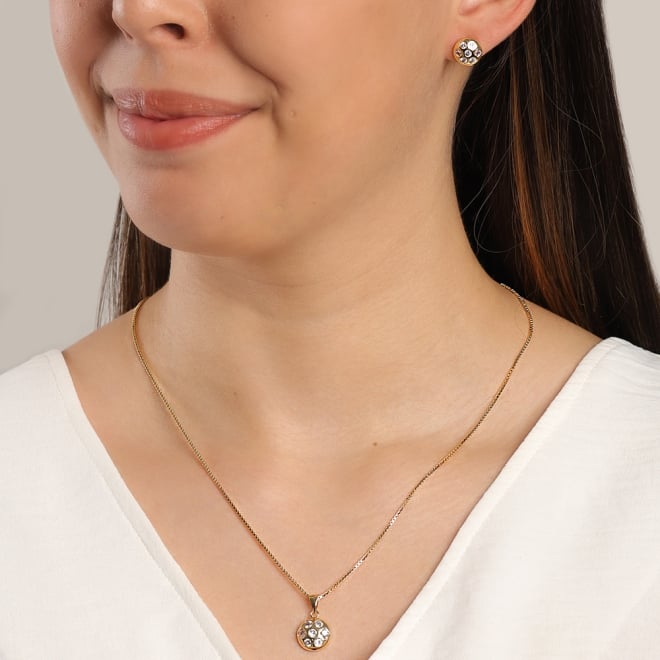 CJS-00025 CONJUNTO BANHADO A OURO 18K COM DESIGN EM FORMATO REDONDO