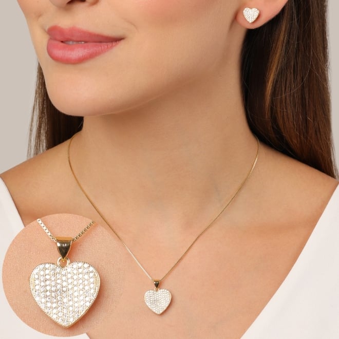 CJS-00035 CONJUNTO BANHADO A OURO 18K COM CORAÇÃO  CRAVEJADO EM ZIRCÔNIAS