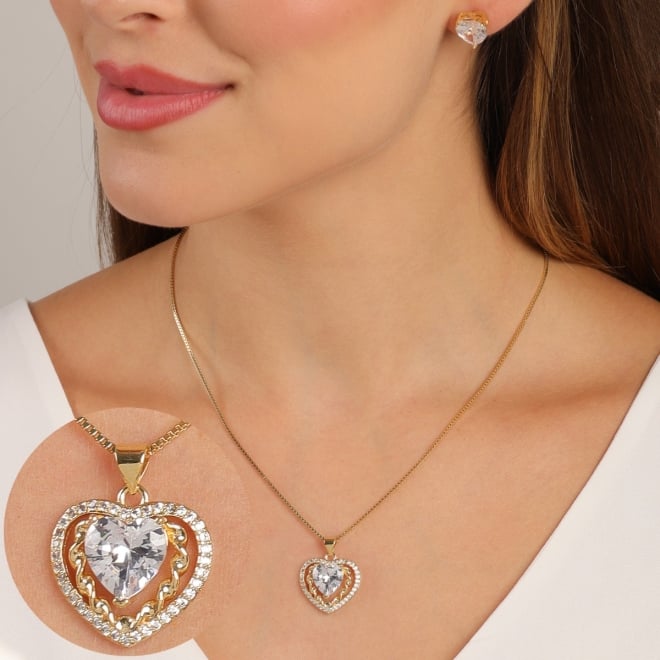 CJS-00038 CONJUNTO BANHADO A OURO 18K COM CORAÇÃO EM ZIRCÔNIA