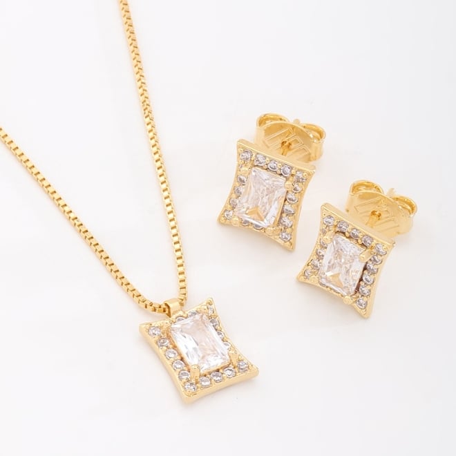 CJS-00051 CONJUNTO BANHADO A OURO 18K COM DESIGN RETANGULAR EM ZIRCÔNIA BAGUETE E CONTORNADO POR ZIRCÔNIAS