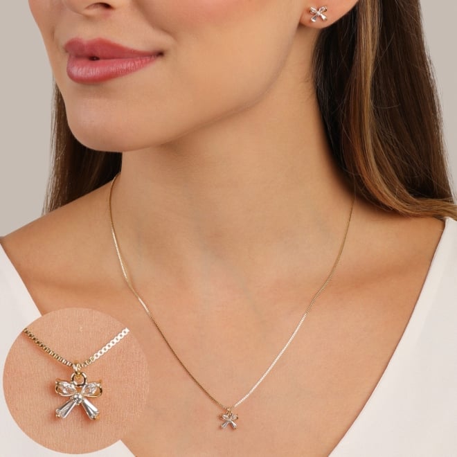 CJS-00053 CONJUNTO BANHADO A OURO 18K COM LAÇO FORMADO POR ZIRCÔNIAS