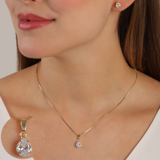 CJS-00060-CONJUNTO BANHADO A OURO 18K COM PINGENTE E BRINCOS EM FORMATO DE GOTA