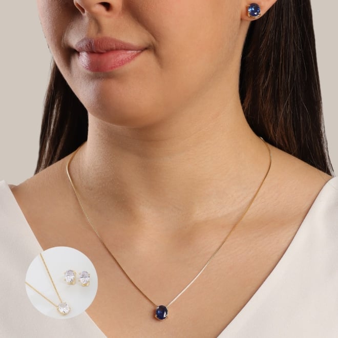 CJS-00073 CONJUNTO BANHADO A OURO 18K COM DESIGN CLÁSSICO E ELEGANTE, COLAR COM PINGENTE EM ZIRCÔNIA LAPIDADA EM FORMATO OVAL