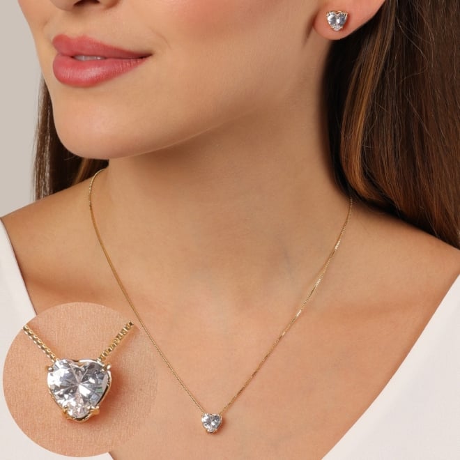 CJS-00078 CONJUNTO BANHADO A OURO 18K COM CORAÇÃO EM ZIRCÔNIA