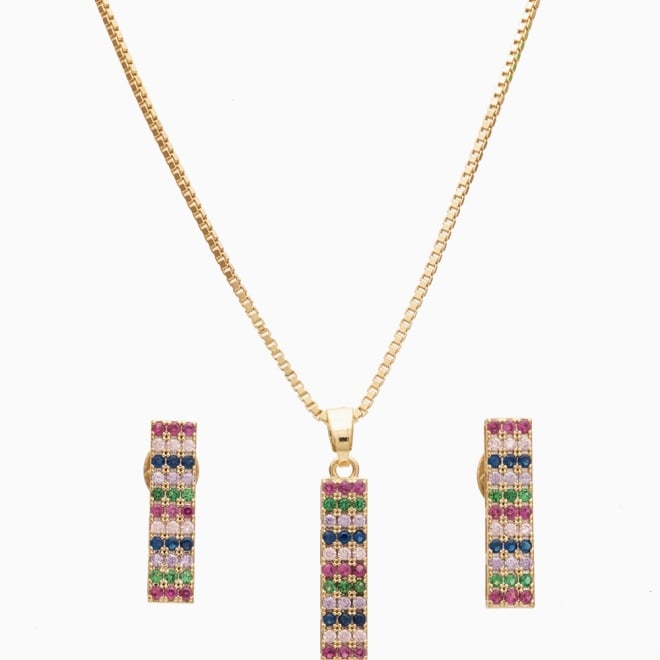 CJS-00109 CONJUNTO BANHADO A OURO 18K COM PINGENTE E BRINCOS RETANGULARES CRAVEJADOS EM ZIRCÔNIAS
