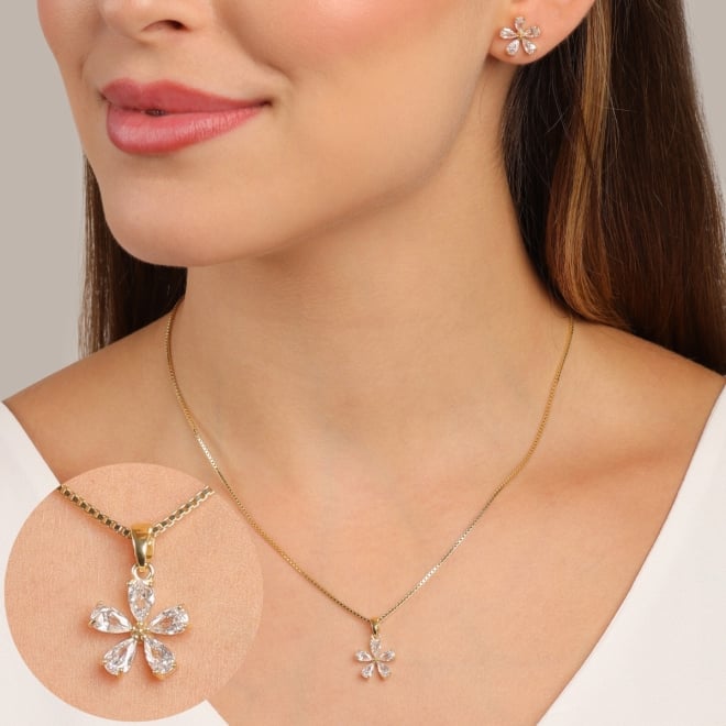 CJS-00124 CONJUNTO BANHADO A OURO 18K COM FLOR COM ZIRCÔNIAS
