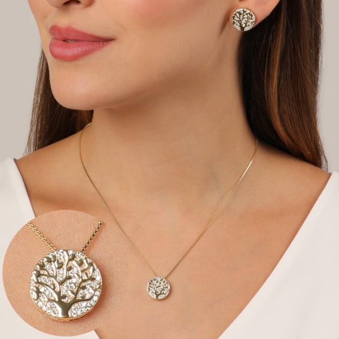 CJS-00132 CONJUNTO BANHADO A OURO 18K COM ÁRVORE DA VIDA E DETALHES CRAVEJADOS EM ZIRCÔNIAS