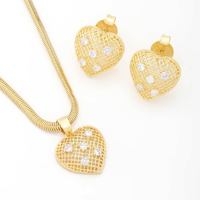 CJX-00141 CONJUNTO BANHADO A OURO 18K EM FORMATO DE CORAÇÃO COM ZIRCÔNIAS