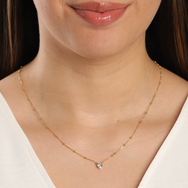 GR-00018 COLAR BANHADO A OURO 18K COM CORRENTE DELICADA COM MINI ESFERAS E PINGENTE DE CORAÇÃO EM ZIRCÔNIA