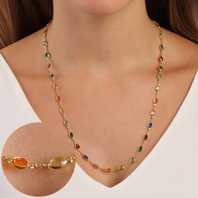 GR-00073 COLAR BANHADO A OURO 18K LONGO COM PEDRAS OVAIS COLORIDAS INTERCALADAS