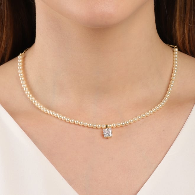 GR-00320 GARGANTILHA BANHADA A OURO 18K COM PÉROLAS E PINGENTE EM ZIRCÔNIA