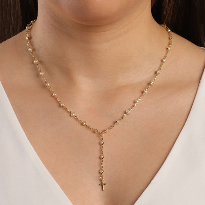 GR-00325 COLAR TERÇO BANHADO A OURO 18K COM DETALHES EM PÉROLAS