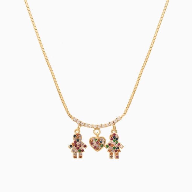 GR-00824 COLAR DUAS MENINAS E CORAÇÃO COM MICRO ZIRCÔNIA