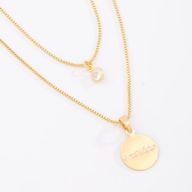 GR-00971 COLAR DUPLO BANHADO A OURO 18K COM MEDALHA GRATIDÃO E PONTO DE LUZ