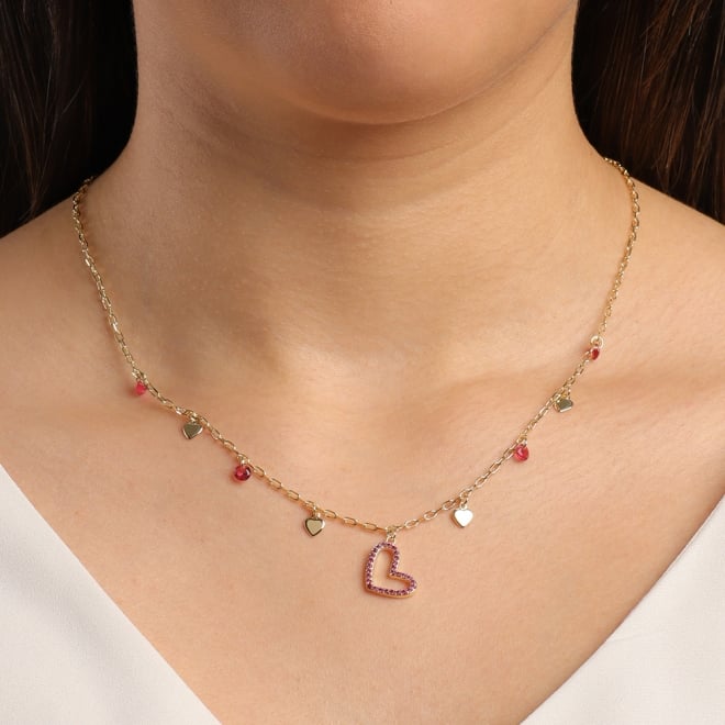 GR-01070 COLAR BANHADO A OURO 18K COM PINGENTE EM FORMATO DE CORAÇÃO EM ZIRCÔNIAS ROSA