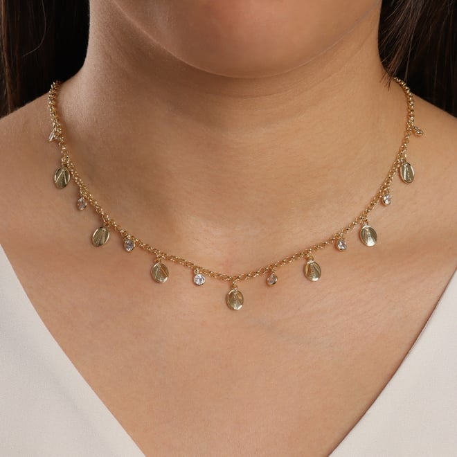 GR-01831 GARGANTILHA BANHADA A OURO 18K COM PINGENTES DE NOSSA SENHORA E DETALHES CRAVEJADOS EM ZIRCÔNIAS