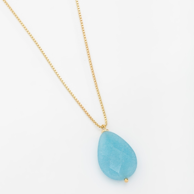 GR-01890 COLAR COM PINGENTE DE GOTA EM PEDRA NATURAL AZUL
