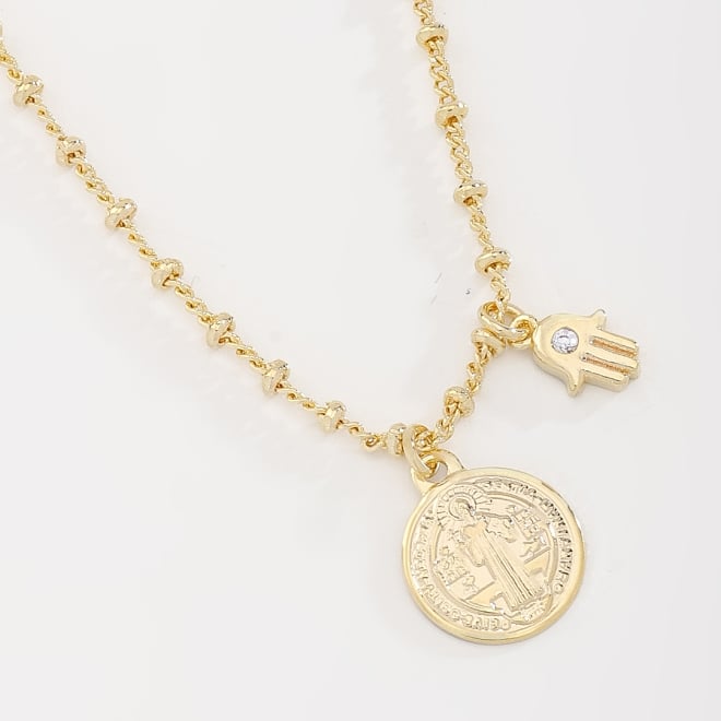 GR-01982 COLAR COM MEDALHA RELIGIOSA E PINGENTE DE MÃO DE FÁTIMA EM ZIRCÔNIA