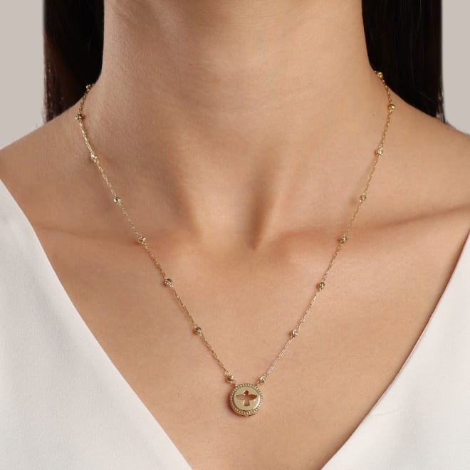 GR-02006 COLAR BANHADO A OURO 18K PINGENTE DE ESPÍRITO SANTO E CORRENTE COM BOLINHAS