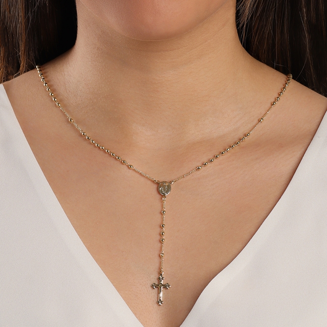 GR-02068 GARGANTILHA GRAVATA COM DETALHES EM BOLINHAS E PINGENTE RELIGIOSO DE CRUZ