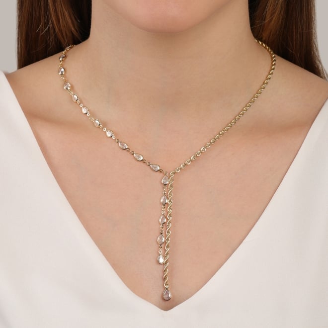 GR-02149 COLAR BANHADO A OURO 18K GRAVATA COM ZIRCÔNIAS EM GOTAS E CORDÃO BAIANO