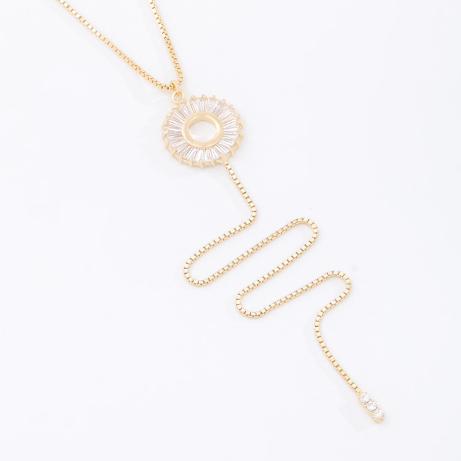 GR-02263 COLAR BANHADO A OURO 18K COM PINGENTE REDONDO EM ZIRCÔNIAS E DETALHE EM CORRENTE PENDENTE