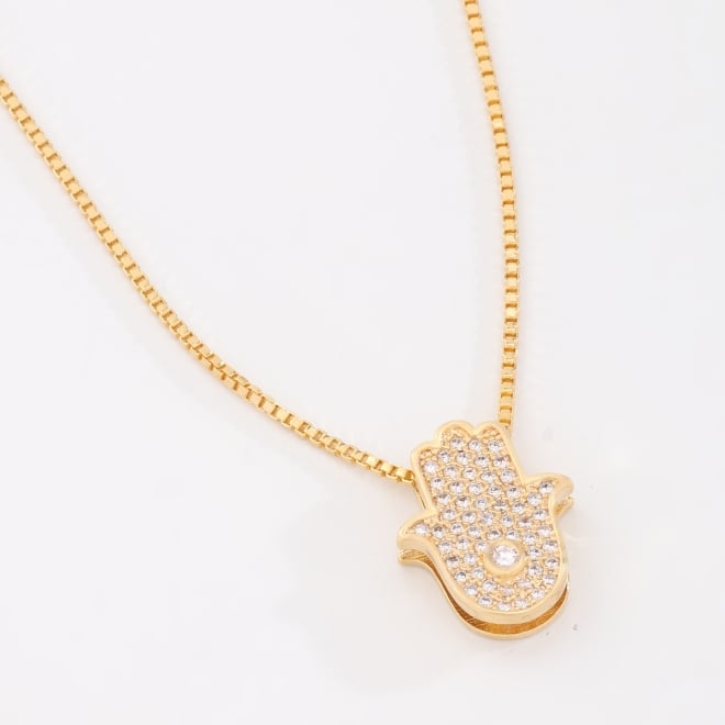 GR-02269 COLAR BANHADO A OURO 18K COM PINGENTE MÃO DE FÁTIMA EM ZIRCÔNIAS