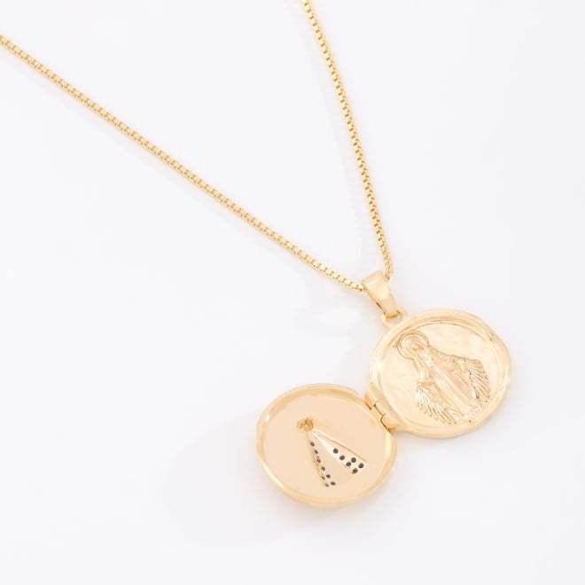 GR-02293 COLAR BANHADO A OURO 18K COM PINGENTE RELICÁRIO REDONDO E IMAGEM DE NOSSA SENHORA COM DETALHES