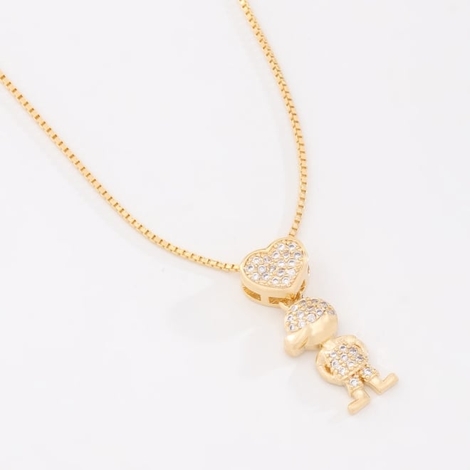 GR-02296 COLAR BANHADO A OURO 18K COM PINGENTE MENINO E CORAÇÃO EM ZIRCÔNIAS
