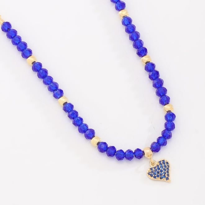 GR-02473 GARGANTILHA BANHADO A OURO 18K COM CRISTAIS FACETADOS E PINGENTE DE CORAÇÃO CRAVEJADO