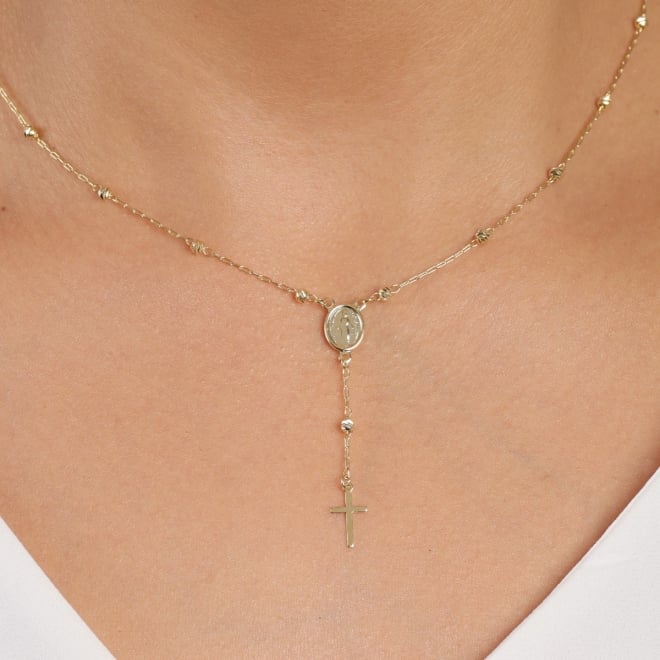 GR-02539 COLAR TERÇO BANHADO A OURO 18K COM PINGENTE DE NOSSA SENHORA DAS GRAÇAS E CRUZ