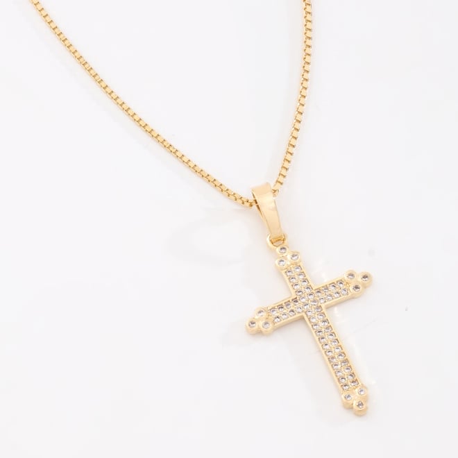 GR-03008 COLAR BANHADO A OURO 18K COM PINGENTE EM FORMATO DE CRUZ EM ZIRCÔNIAS